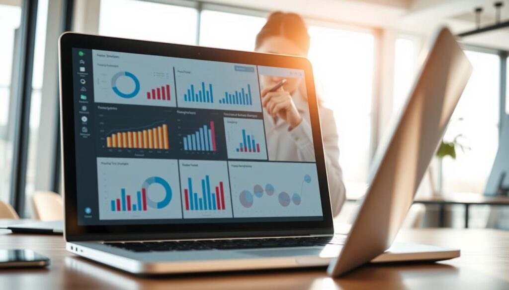 A well-lit, high-resolution image showcasing the measurement of digital strategy success. In the foreground, a laptop or tablet displays analytical dashboards with charts, graphs, and insightful data. The middle ground features a thoughtful business professional reviewing the metrics, pen in hand. The background depicts a modern, minimalist office setting with clean lines, natural lighting, and a sense of focus and productivity. The overall mood is one of strategic analysis, data-driven decision-making, and a commitment to optimizing digital marketing efforts.