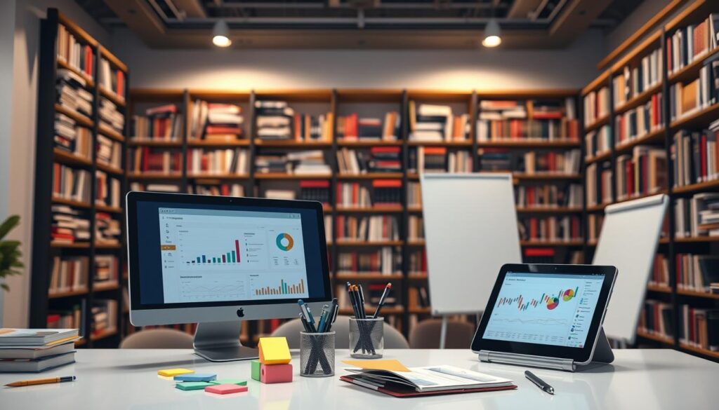 A well-lit, high-resolution scene depicting the tools and technologies of business management in a modern office setting. In the foreground, a sleek desktop computer and tablet device display analytics dashboards and productivity software. In the middle ground, a collection of colorful sticky notes, a pen organizer, and a tactile whiteboard suggest an active workflow. The background features rows of tall bookshelves filled with management textbooks and trade journals, casting a warm glow from recessed lighting. The overall mood is one of focused professionalism and technological efficiency, ideal for illustrating the "Tecnologia e Ferramentas de Gestão" section of the article.