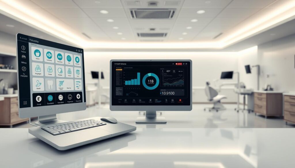 A well-lit, highly detailed 3D render of the main features and functionalities of a modern dental practice management software. The foreground depicts a digital user interface with icons, buttons, and data visualization elements representing common software capabilities like patient records, appointment scheduling, billing, and inventory management. The middle ground showcases a panoramic view of a dental clinic interior with exam rooms, dental chairs, and medical equipment. The background features a serene, professional atmosphere with clean lines, neutral colors, and subtle lighting to evoke a sense of clinical efficiency and technological innovation. The overall composition conveys the comprehensive, integrated nature of a robust dental practice management solution.