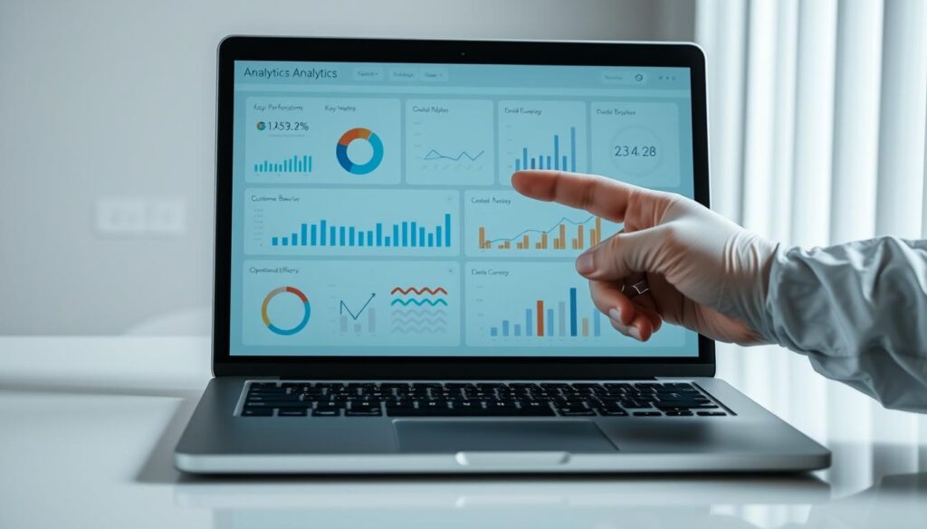 A well-lit, meticulously designed business analytics dashboard displayed on a modern, sleek laptop. The dashboard features clean, minimalist infographics showcasing key performance indicators, charts, and data visualizations related to financial metrics, customer behavior, and operational efficiency for a dental clinic. A professional medical hand points to various data points, emphasizing the analytical insights. The scene conveys a sense of diligence, problem-solving, and data-driven decision making in the context of clinic management.