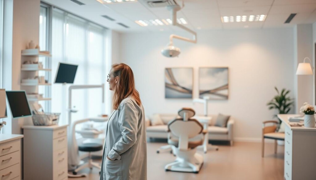 A well-lit, modern dental clinic interior with a warm, professional atmosphere. In the foreground, a dentist and patient engaged in a consultation, discussing dental management strategies. The middle ground features neatly organized dental equipment and supplies, conveying efficient practice management. The background depicts a serene waiting area with comfortable seating and soothing artwork, creating a welcoming environment for patients. The lighting is soft and natural, accentuating the clean, streamlined design of the clinic. The overall composition suggests the benefits of effective dental practice management, including improved patient experience, operational efficiency, and a thriving business.