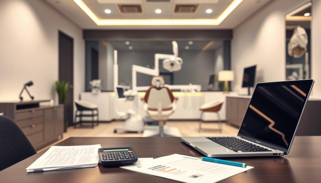 A well-lit, modern dental office interior with a focus on financial management. In the foreground, a desk with a laptop, papers, and a calculator, representing the financial analysis and record-keeping aspects of dental practice. In the middle ground, a patient chair and dental equipment, suggesting the integration of financial management with patient care. The background features sleek, contemporary furniture and décor, creating a professional and efficient atmosphere. Subtle accent lighting highlights key elements, and the overall composition conveys a sense of organized, tech-savvy financial oversight within the dental setting.