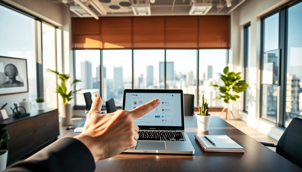 A well-lit, modern office interior with a large window overlooking a bustling city skyline. On the desk, a laptop displaying the Google My Business dashboard, surrounded by professional office supplies. A warm, inviting atmosphere with plants and artwork accentuating the space. The lighting is soft and natural, creating a professional yet approachable ambiance. In the foreground, a hand gesturing towards the laptop screen, highlighting the importance of utilizing Google My Business to enhance the visibility of a dental practice. The overall composition conveys the value of leveraging digital tools to grow a local business.