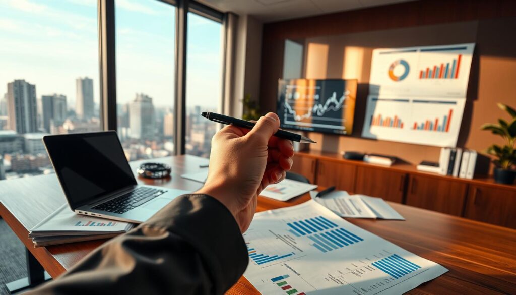 A well-lit, neatly-organized office interior with a wooden desk, a laptop, and various business documents and charts. In the foreground, a hand holding a pen hovers over a spreadsheet, analyzing key performance indicators. The middle ground features a large monitor displaying complex data visualizations, while the background showcases floor-to-ceiling windows overlooking a vibrant cityscape. Soft, directional lighting casts warm shadows, creating a professional, focused atmosphere conducive to in-depth business analysis.