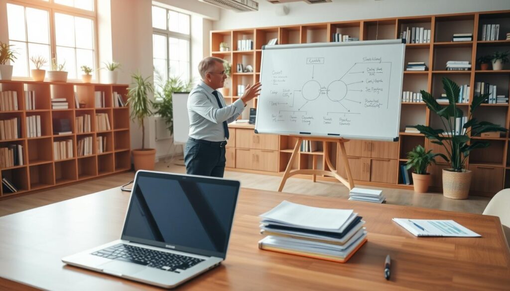 A well-lit office interior with a large wooden desk, a laptop, and a stack of documents. In the foreground, a business executive or consultant is gesturing towards a whiteboard or presentation screen, illustrating a strategic planning diagram or flowchart. The background features bookshelves, potted plants, and warm, neutral tones, creating a professional, focused atmosphere. The overall scene conveys a sense of strategic thinking, data-driven decision making, and a methodical approach to business planning and optimization.
