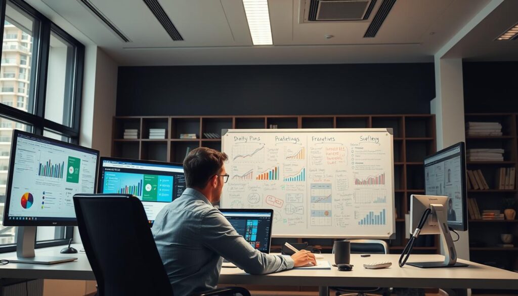 A well-lit office scene with a businessman sitting at a desk, intently analyzing data displayed on multiple computer monitors. The middle ground features a large whiteboard on the wall, covered in colorful graphs, charts, and handwritten notes, suggesting an ongoing process of strategy evaluation and adjustment. The background showcases a sophisticated, modern decor with minimalist shelving and a large window providing natural lighting. The overall atmosphere conveys a sense of focused contemplation and a dedication to refining digital marketing strategies for a dental clinic.
