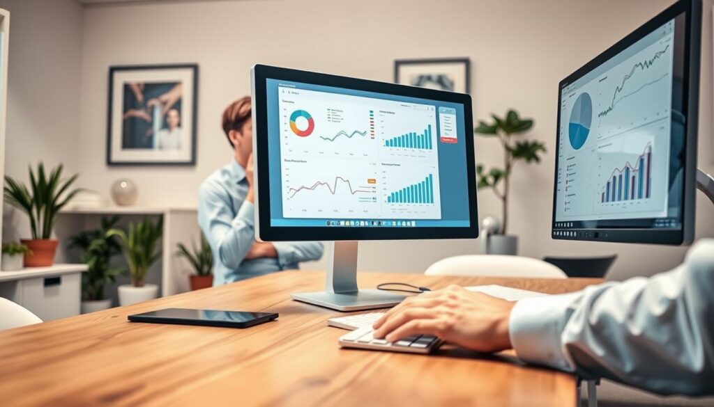 A well-lit office scene with a wooden desk, a modern desktop computer monitor, and a variety of analytical charts and diagrams displayed on the screen. In the foreground, a pair of hands typing on a keyboard, indicating an active engagement with the digital monitoring tools. The middle ground features a thoughtful professional, dressed in business attire, studying the data on the monitor with a contemplative expression. The background showcases a minimalist, calming interior design with potted plants and framed artwork, creating a serene and focused atmosphere conducive to strategic decision-making. Soft, diffused lighting illuminates the scene, emphasizing the importance of the data-driven monitoring process for effective dental clinic management.