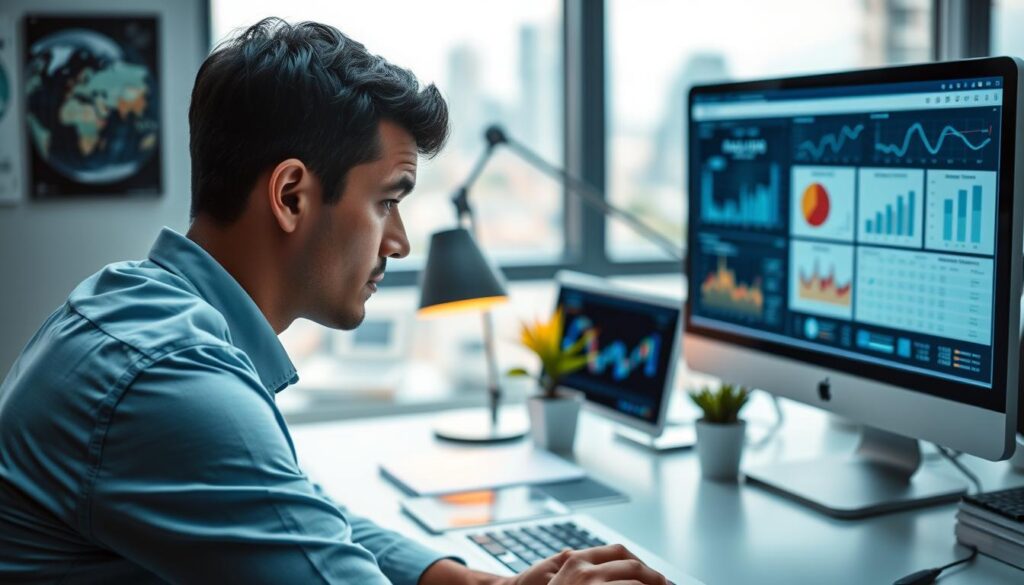 A well-lit office setting with a desk, computer monitor, and various analytics dashboards displayed. The foreground features a person intently examining the metrics on the screen, brow furrowed in concentration. The middle ground showcases a clean, organized workspace with a stylish lamp and potted plant, conveying a professional, data-driven atmosphere. The background softly blurs, revealing a window with a cityscape outside, suggesting a contemporary urban environment. The overall mood is one of focused attention and a dedication to data-driven decision-making.