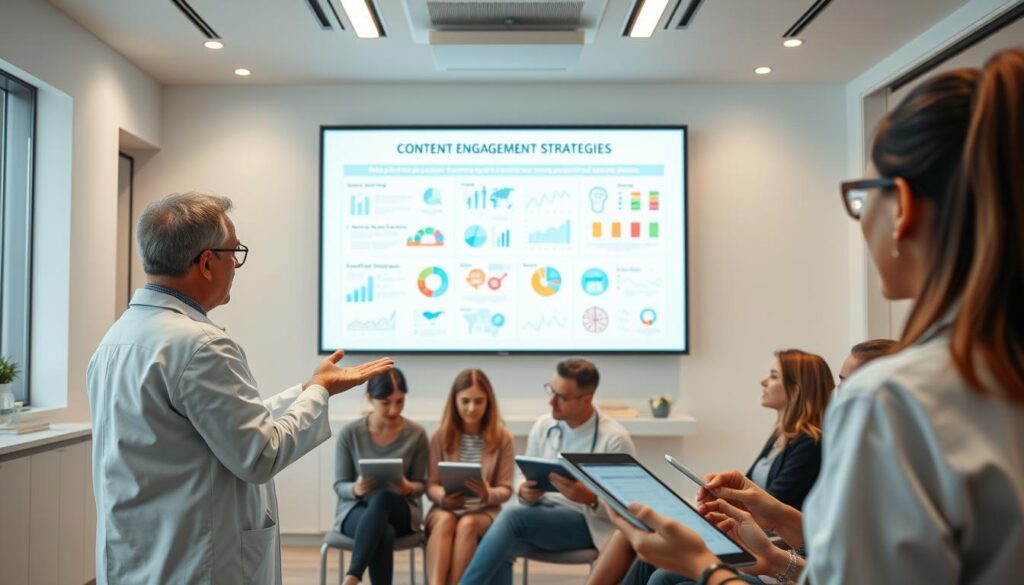 A well-lit office space with a healthcare professional presenting patient engagement strategies on a large screen. The foreground features a doctor in a white coat, gesturing towards the screen which displays infographics, charts, and icons illustrating content marketing tactics. The middle ground showcases a small group of attentive patients, each with a tablet or notebook, engaged in the presentation. The background depicts a modern, minimalist clinic interior with clean lines, warm lighting, and subtle medical motifs. The overall atmosphere is professional, informative, and designed to inspire and educate patients on effective content strategies.