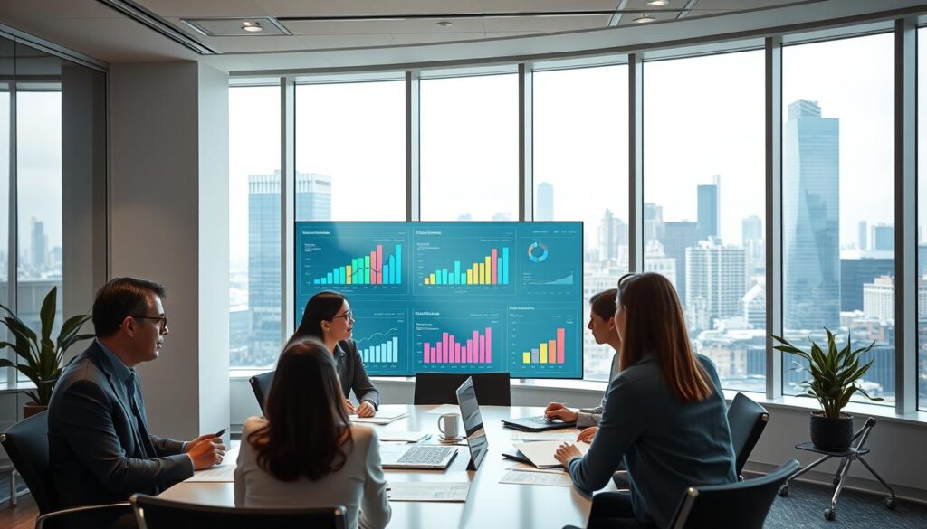 A well-lit office space with a modern and organized layout. In the foreground, a team of professionals collaborating around a conference table, discussing strategies and documents. The middle ground features a digital dashboard displaying key performance indicators and analytics, reflecting the data-driven nature of the efficient management practices. In the background, floor-to-ceiling windows provide a panoramic view of a bustling city skyline, symbolizing the broader business context. The overall atmosphere conveys a sense of professionalism, productivity, and a commitment to continuous improvement.