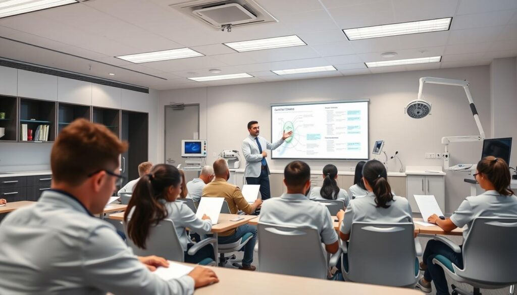A well-lit professional dental classroom with a modern, sleek design. In the foreground, a group of students intently studying course materials at their desks. In the middle ground, a teacher standing at the front of the class, gesturing towards a large whiteboard displaying key concepts. The background features state-of-the-art dental equipment and technology, conveying the advanced curriculum. The overall atmosphere is one of focus, innovation, and a commitment to excellence in dental education.