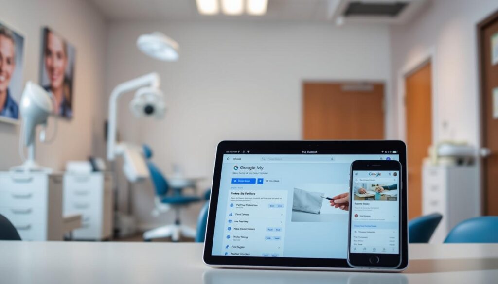 A well-lit, professional-looking image of the Google My Business interface for dental clinics. The foreground shows the clean, intuitive dashboard with key features highlighted, such as the business profile, reviews, and appointment booking options. In the middle ground, a laptop or tablet displays the mobile-friendly version of the platform, emphasizing its versatility. The background features a blurred office setting, with medical equipment and branding elements hinting at the dental clinic context. The overall tone is one of efficiency, user-friendliness, and the integration of digital tools to enhance the patient experience.