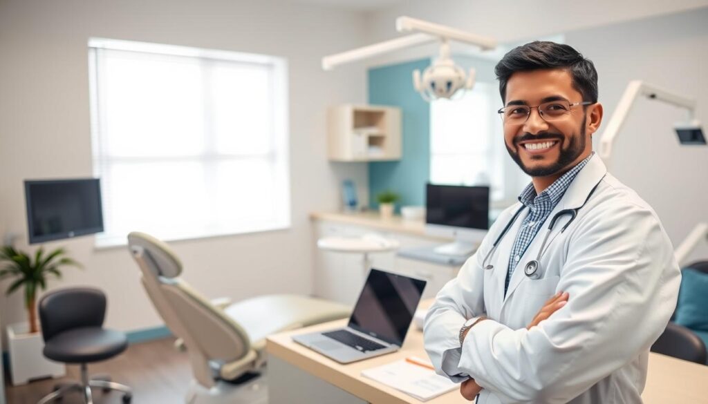 A well-lit, professional-looking office interior. In the foreground, a smiling dentist stands next to a patient chair, conveying the benefits of dental practice management. The middle ground features an organized desk with a laptop, paperwork, and financial documents, representing the administrative aspects. The background showcases modern dental equipment and tools, hinting at the technological advancements in dental care. The overall mood is one of efficiency, expertise, and patient-centric care, highlighting the advantages of pursuing a dental practice management course.
