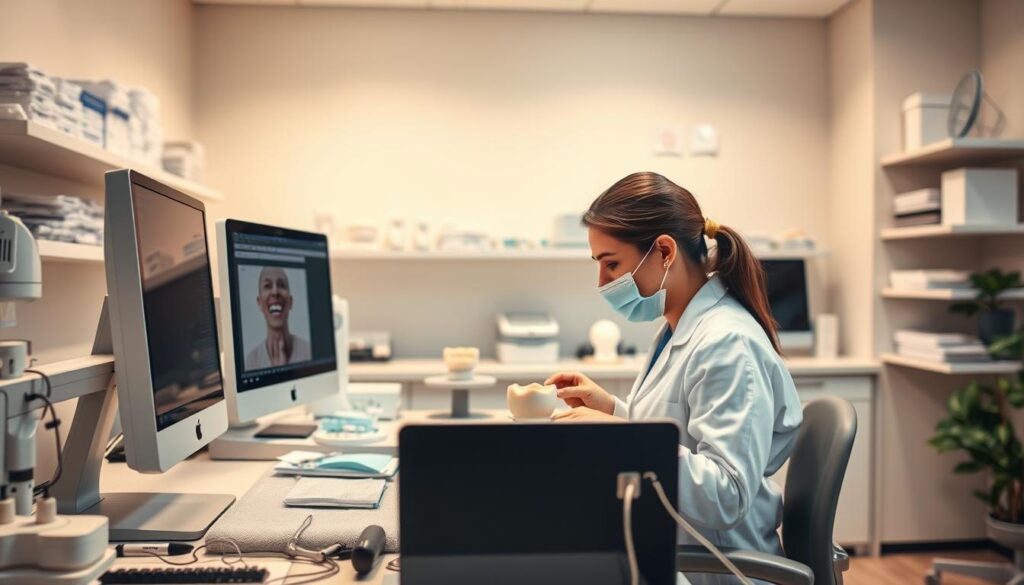 A well-lit, professional office setting showcasing a dental technician's workstation. In the foreground, a desktop computer and a range of technical instruments, such as dental tools, models, and materials. The middle ground features a technician intently focused on their work, conveying a sense of expertise and diligence. The background depicts a clean, organized space with shelves displaying dental supplies, creating an atmosphere of efficient, high-quality care. The lighting is warm and natural, highlighting the technician's concentration and the attention to detail in their craft. The overall scene conveys the importance of technical support in the successful operation of a dental practice.