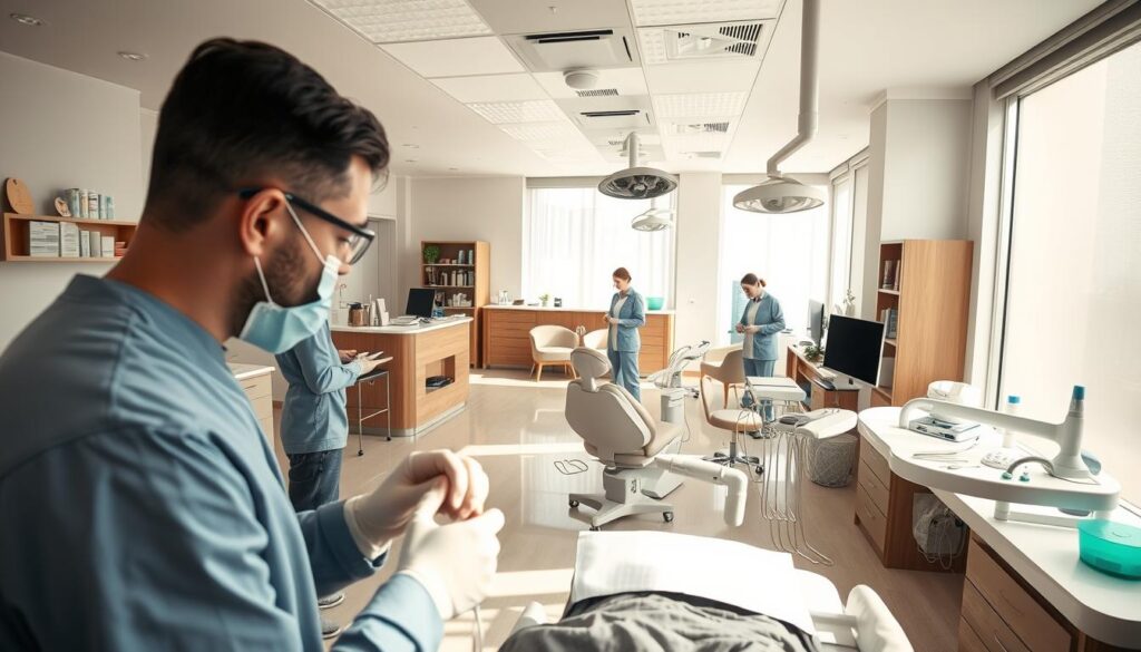 A well-lit, spacious dental clinic interior, with a modern and organized layout. In the foreground, a dentist examines a patient's teeth using advanced dental equipment. In the middle ground, dental assistants prepare tools and sterilize instruments, ensuring a clean and hygienic environment. The background showcases a reception area with comfortable seating, a neatly organized check-in desk, and a display of dental health products. Soft, natural lighting filters through large windows, creating a calming and professional atmosphere. The overall scene conveys the efficient and well-managed internal processes that underpin a successful dental practice.