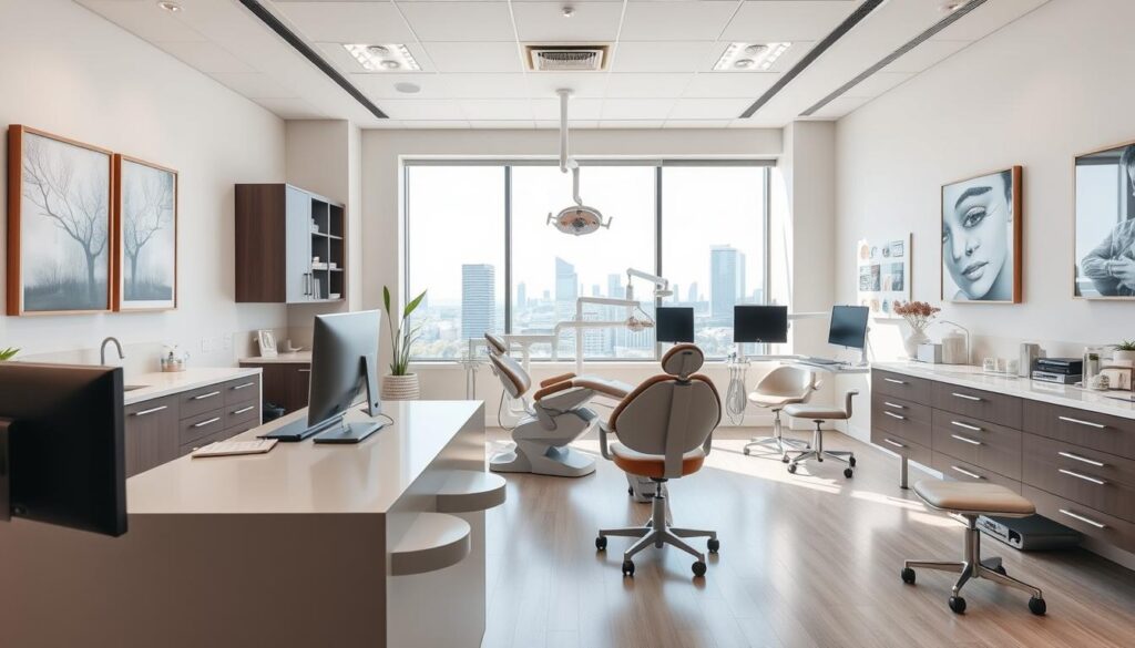 A well-lit, spacious dental office with a modern, minimalist design. In the foreground, a receptionist's desk with a computer monitor and sleek, ergonomic furniture. Behind it, a waiting area with comfortable chairs and contemporary artwork on the walls. The middle ground features a dental chair, surrounded by state-of-the-art equipment and cabinets stocked with medical supplies. The background showcases a large window overlooking a serene urban landscape, flooding the room with natural light. The overall atmosphere conveys a sense of professionalism, efficiency, and patient comfort, reflecting the challenges and best practices of managing a successful dental practice.