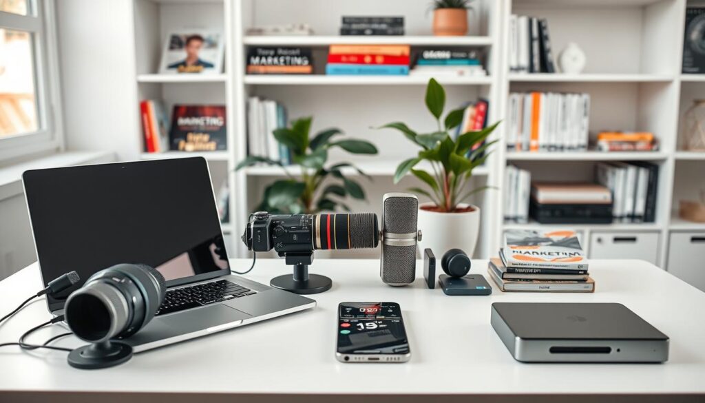 A well-lit workspace with an assortment of essential digital marketing tools neatly arranged on a modern, minimalist desk. In the foreground, a stylish laptop, a high-quality digital camera, and a professional-grade microphone. In the middle ground, a tablet, a smartphone, and a sleek external hard drive. In the background, shelves stocked with marketing books, online course materials, and a potted plant to add a touch of natural warmth. The overall scene conveys a sense of organization, efficiency, and a passion for leveraging technology to drive successful digital marketing campaigns.