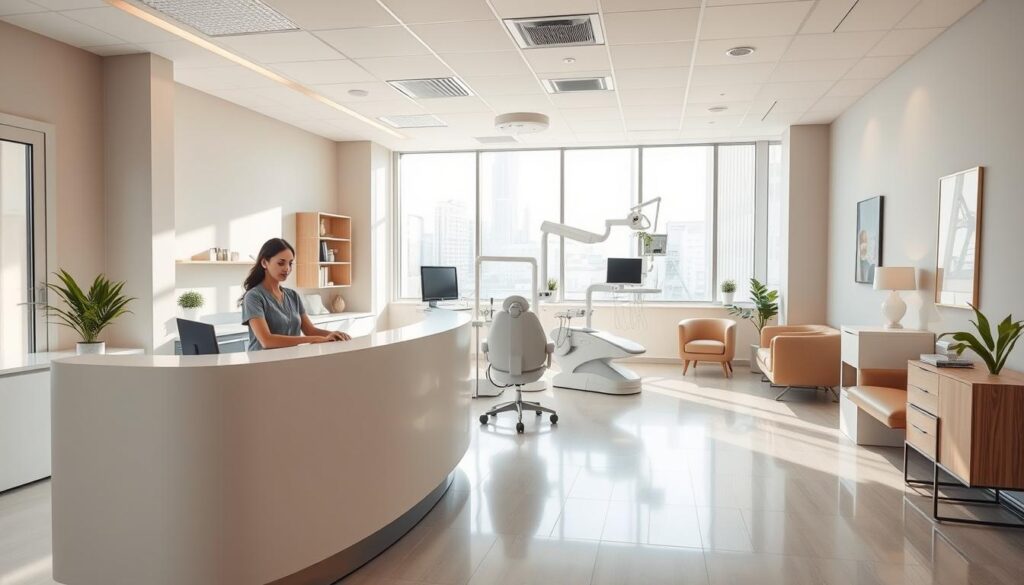 A well-organized and efficient dental office, bathed in warm, natural lighting filtering through large windows. In the foreground, a receptionist greets patients at a sleek, minimalist reception desk, exuding professionalism and care. The middle ground showcases a modern, spotless treatment room, with state-of-the-art dental equipment neatly arranged. In the background, a tranquil waiting area invites patients to relax, with comfortable seating and soothing decor. The overall atmosphere conveys a sense of order, cleanliness, and a patient-centric approach, reflecting the highest standards of clinical management and service delivery.