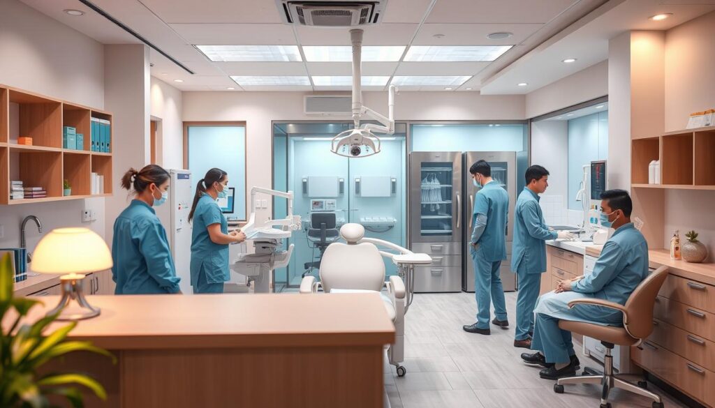 A well-organized and efficiently run dental clinic, showcasing best practices in management and patient care. In the foreground, a team of dental professionals collaborating seamlessly, employing the latest technologies and techniques. The middle ground features a modern, inviting reception area with soothing colors and comfortable seating. In the background, a state-of-the-art sterilization room, ensuring the highest standards of hygiene and infection control. Soft, warm lighting enhances the professional yet welcoming atmosphere, creating an environment that prioritizes patient comfort and satisfaction. This image conveys the essence of a thriving, well-managed dental practice, aligned with the principles of effective clinic management.
