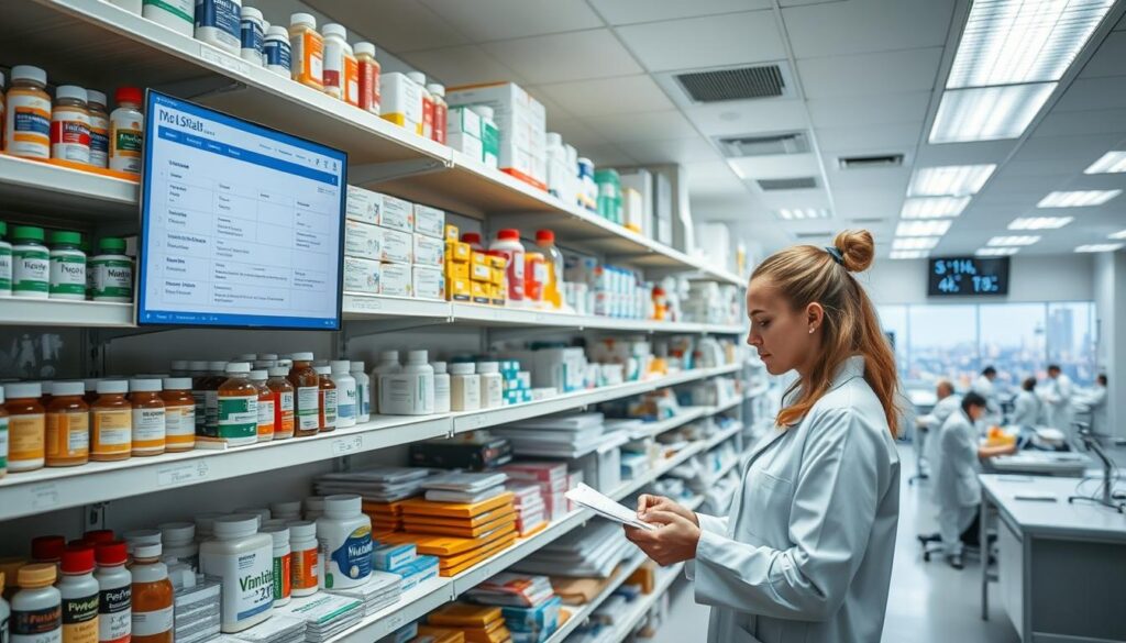 A well-organized and meticulously stocked medical supply room, with shelves neatly lined with an array of pharmaceutical bottles, bandages, and medical instruments. The lighting is bright and even, casting a clean, professional atmosphere. In the foreground, a pharmacist in a pristine white coat methodically catalogues and arranges the inventory, her movements precise and efficient. The middle ground showcases a comprehensive digital inventory management system, displaying real-time stock levels and ordering information. In the background, a panoramic view of the bustling clinic, underscoring the importance of effective supply chain management to the overall operation.