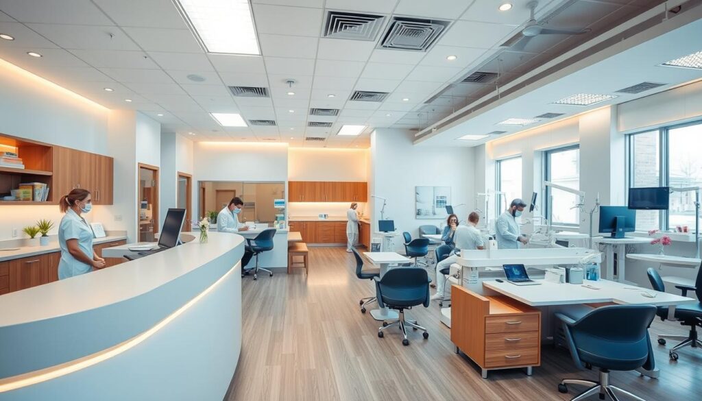 A well-organized and productive dental clinic with a modern, clean interior. In the foreground, a receptionist greets patients at a sleek reception desk, surrounded by warm lighting and natural wood accents. In the middle ground, dentists and hygienists work diligently in examination rooms, their instruments and equipment neatly arranged. The background showcases a spacious, open-plan layout with comfortable waiting areas and a calming color palette. The overall atmosphere conveys a sense of efficiency, professionalism, and patient-centric care. Captured with a wide-angle lens and even, diffused lighting to highlight the clinic's attention to detail and optimal workflow.