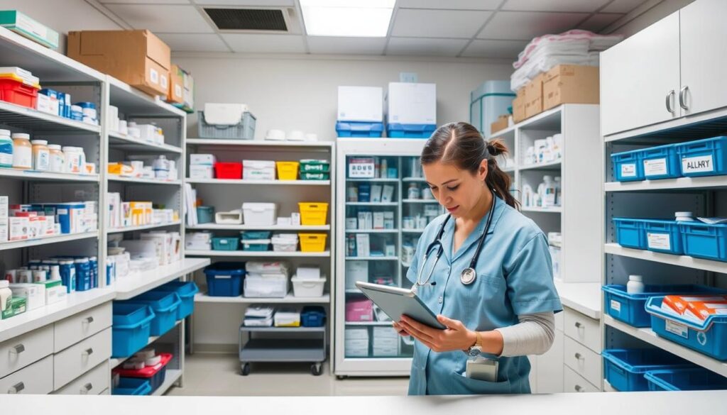 A well-organized clinic storage room with neatly arranged shelves, bins, and cabinets filled with dental supplies, equipment, and medications. The lighting is bright and even, casting a professional atmosphere. The room is spacious with ample workspace, allowing for efficient inventory management. In the foreground, a pharmacist or nurse is meticulously checking stock levels and updating the digital inventory system on a tablet computer. The middle ground features a clinical-grade refrigerator for temperature-sensitive items. The background showcases the room's organization, with labeled shelves and color-coded storage solutions for easy access and control.