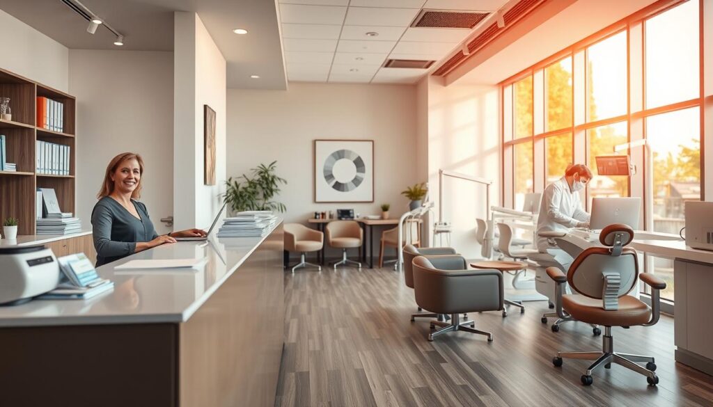 A well-organized dental clinic interior, filled with a sense of financial security and professional efficiency. In the foreground, a sleek reception desk with a smiling receptionist, pristine medical equipment, and neatly arranged patient files. The middle ground showcases a modern waiting area with comfortable chairs, tasteful decor, and floor-to-ceiling windows bathing the space in warm, natural light. The background features a fully-equipped dental operatory, with state-of-the-art technology and a team of attentive, white-coated professionals tending to patients' oral health. The overall atmosphere conveys a harmonious blend of clinical excellence and financial well-being, reflecting the careful management and strategic vision driving the successful dental practice.