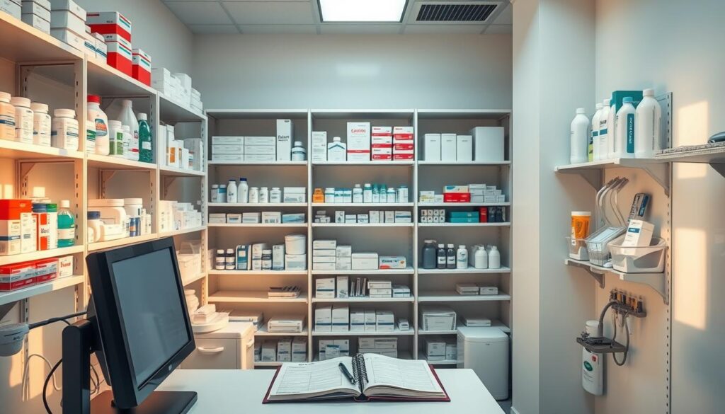A well-organized dental clinic supply room with rows of neatly arranged shelves, stocked with various medical equipment, pharmaceuticals, and consumables. Soft, natural lighting illuminates the space, casting a warm, professional glow. In the foreground, a computer terminal and logbook sit on a desk, indicating a system for inventory management and record-keeping. The middle ground showcases a diverse array of supplies, from bandages and syringes to dental instruments and specialized tools. The background features a clean, minimalist design with white walls and a sense of order and efficiency, reflecting the importance of proper stock control and resource management in the successful operation of a dental practice.