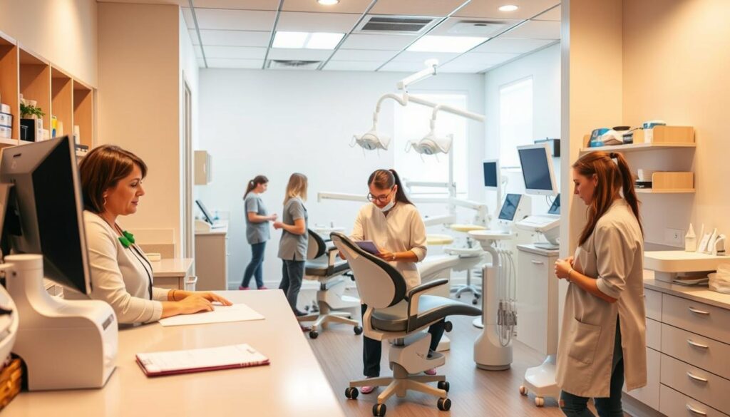A well-organized dental clinic with a team of professionals efficiently delegating tasks. In the foreground, a receptionist at the front desk coordinating patient flow and schedule. In the middle ground, dental assistants preparing equipment and supplies for upcoming procedures. The background reveals a clean, modern treatment room with advanced dental technology. Warm, natural lighting illuminates the space, creating a calming and professional atmosphere. The scene conveys a sense of order, collaboration, and attention to detail that reflects the practice's commitment to providing high-quality patient care.