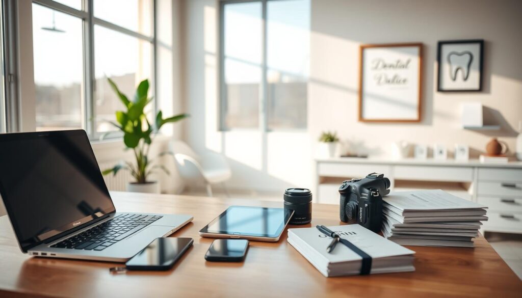 A well-organized dental office, bathed in warm, natural lighting from large windows. In the foreground, an assortment of essential marketing tools neatly arranged on a clean, wooden desk: a laptop, a smartphone, a tablet, a professional camera, and a stack of brochures. In the middle ground, a potted plant and a framed diploma, signifying the expertise and professionalism of the dental practice. The background features a modern, minimalist decor with a subtle dental-themed artwork on the wall, creating a cohesive and visually appealing atmosphere.