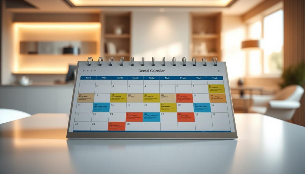 A well-organized dental office calendar, with color-coded patient appointments neatly arranged in a clean and modern layout. The calendar is presented on a sleek, minimalist desk, bathed in warm, natural lighting that casts a soft glow across the surface. In the background, a blurred, elegant office interior provides a professional, soothing ambiance. The calendar's design is intuitive and visually appealing, reflecting the efficient and organized nature of the dental practice's scheduling system.