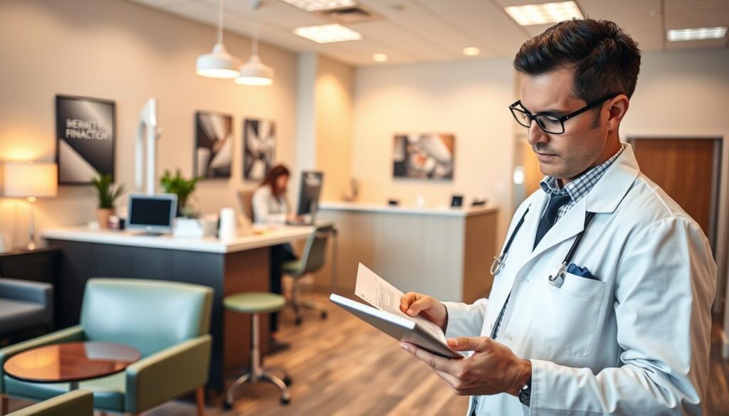 A well-organized dental office, featuring modern furniture and equipment, with a focus on financial management. In the foreground, a dentist reviews financial reports on a tablet, while in the middle ground, a receptionist handles patient billing and scheduling. The background showcases a clean, well-lit workspace with professional signage and artwork reflecting the clinic's branding. Warm lighting and a calm, serene atmosphere convey the efficient, well-run nature of this dental practice's financial operations.