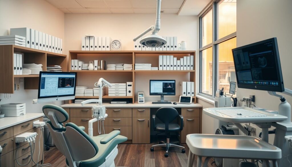 A well-organized dental office, with a clean and efficient workflow. In the foreground, a dentist's chair and medical equipment are neatly arranged, ready for the next patient. In the middle ground, a receptionist's desk and computer monitor showcase digital patient records and appointment schedules. In the background, shelves filled with organized files and supplies, illuminated by warm, natural lighting from large windows. The overall atmosphere conveys a sense of professionalism, attention to detail, and a commitment to providing exceptional patient care.