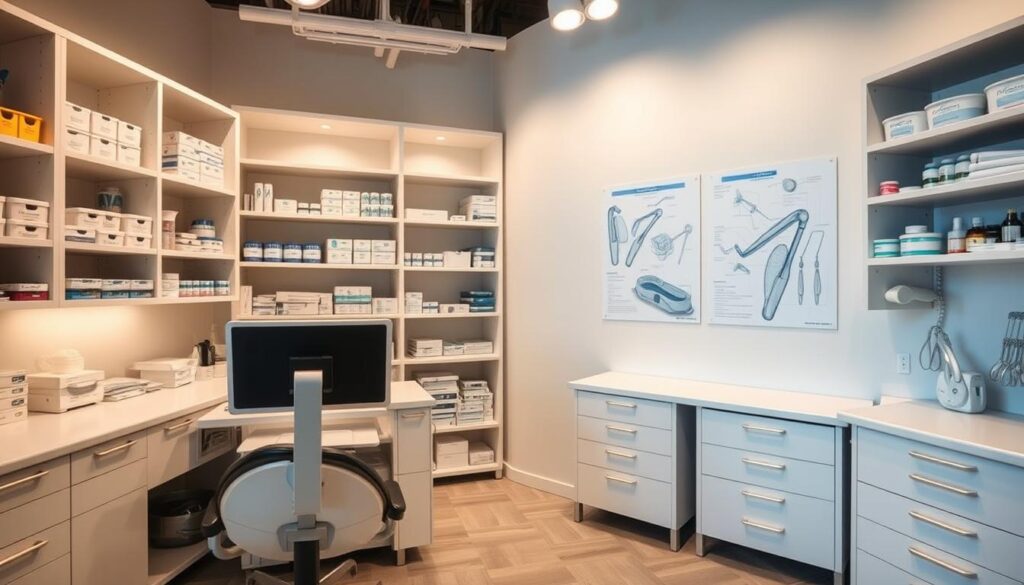 A well-organized dental supply storage room with neatly arranged shelves, cabinets, and drawers. The shelves are stocked with various dental tools, materials, and equipment, each item labeled and organized for efficient inventory management. Soft lighting illuminates the space, creating a clean and professional atmosphere. In the foreground, a pharmacist-style counter with a computer system and inventory logs sits, suggesting a methodical approach to stock control. The middle ground features detailed schematics or diagrams of dental equipment and supplies, providing technical references. The background showcases the sleek, modern design of the storage facility, with minimalist decor and a sense of order and organization.