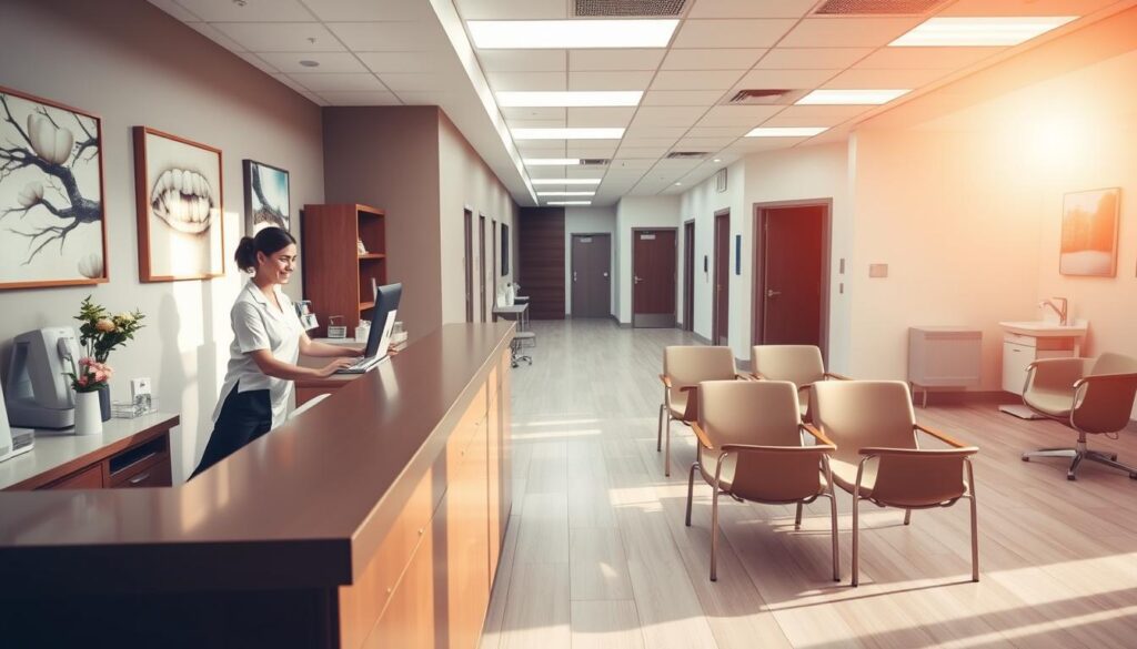 A well-organized medical clinic, bathed in warm, natural lighting. In the foreground, a neatly arranged reception desk with a smiling staff member assisting a patient. The middle ground showcases a modern, minimalist waiting area with ergonomic chairs and calming artwork on the walls. The background reveals a hallway leading to examination rooms, each door labeled with clear signage. The overall atmosphere conveys a sense of professionalism, efficiency, and patient-centric care, reflecting the principles of effective dental office administration.