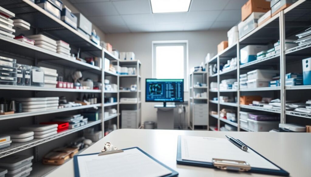 A well-organized medical supply room with neatly arranged shelves, stocked with various dental tools, equipment, and materials. The lighting is bright and even, casting a clean, professional atmosphere. In the foreground, a clipboard and pen sit on a desk, suggesting an ongoing inventory process. The middle ground showcases a computer monitor displaying stock levels and order information. In the background, a window provides natural light, giving the space an airy, serene feel. The overall composition conveys a sense of efficiency, control, and attention to detail in the management of dental supplies and inventory.