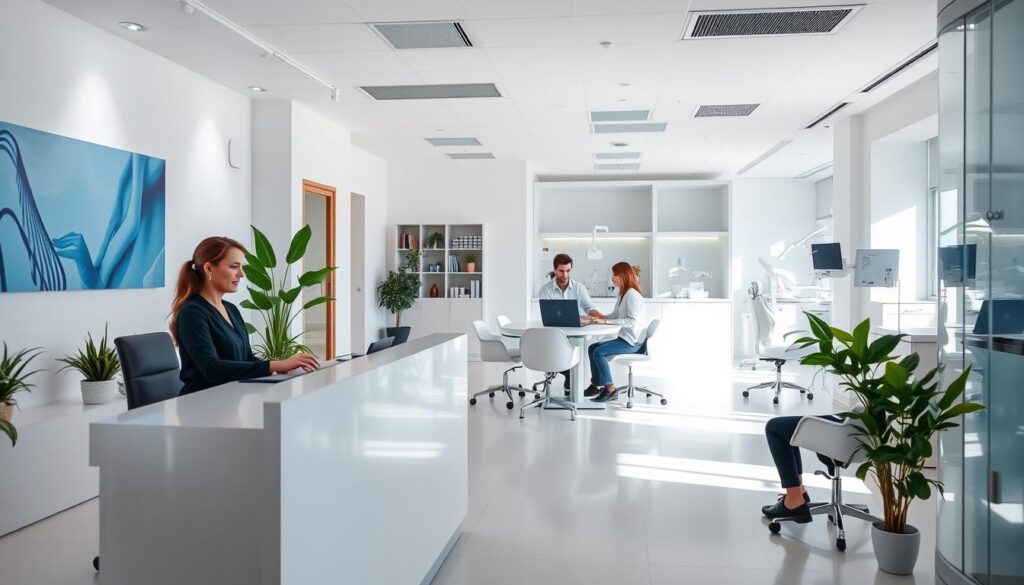 A well-organized modern dental office with a focus on efficient management. The interior is bright and airy, with clean lines and a minimalist aesthetic. In the foreground, a receptionist greets patients at a sleek reception desk, surrounded by plants and natural light. The middle ground features a team of dental professionals collaborating at a conference table, discussing patient records and schedules on their laptops. In the background, exam rooms are visible, with state-of-the-art equipment and a calming atmosphere to put patients at ease. The overall scene conveys the importance of effective dental practice management, optimizing workflows and patient experience to ensure the best possible care.