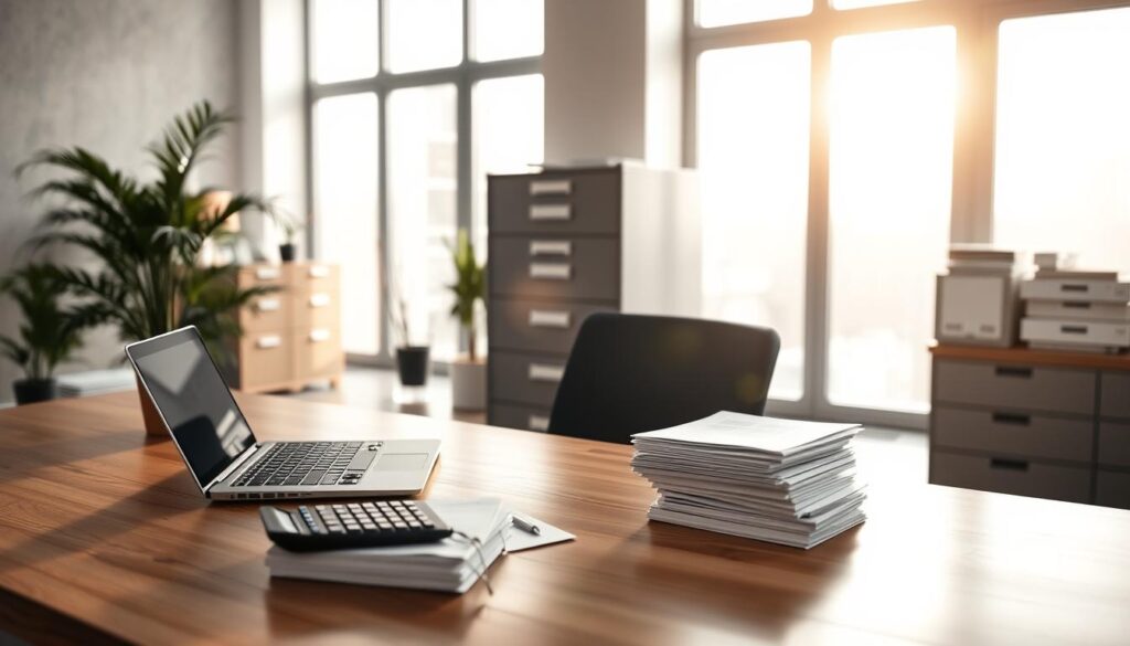 A well-organized office interior with a clean, minimalist aesthetic. In the foreground, a wooden desk with a laptop, calculator, and neat stacks of financial documents. The middle ground features a sleek metal filing cabinet and a potted plant, casting soft shadows. The background showcases large windows flooding the space with warm, natural lighting, creating a calming atmosphere. The overall composition conveys a sense of control, efficiency, and attention to detail in financial management.