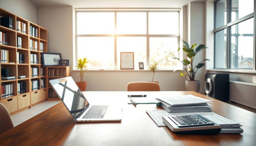 A well-organized office setting with a clean, minimalist aesthetic. In the foreground, a sleek wooden desk with a laptop, calculator, and neatly arranged financial documents. Midground features a bookshelf filled with accounting and finance textbooks, along with a framed diploma on the wall. The background showcases large windows allowing natural light to flood the space, creating a sense of openness and professionalism. The lighting is soft and diffused, casting a warm glow throughout the room. The overall atmosphere conveys efficiency, precision, and a commitment to financial management.