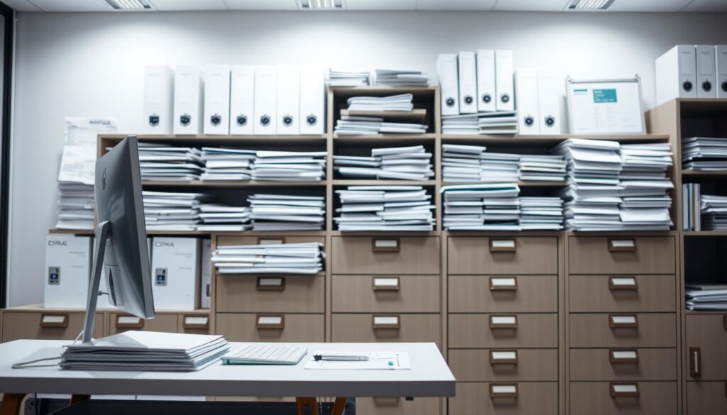 A well-organized office setting with an array of neatly arranged documents, invoices, and billing records. Crisp lighting illuminates the meticulously organized workspace, creating a sense of professionalism and efficiency. In the foreground, a desktop computer and a modern, minimalist desk provide a clean, uncluttered work surface. The middle ground showcases a filing cabinet or storage unit, its drawers carefully labeled and accessible. In the background, shelves or cabinets hold additional documentation, creating a balanced and visually appealing composition. The overall atmosphere conveys a systematic, organized approach to document management, reflecting the concept of "sistematização de documentos de faturamento".