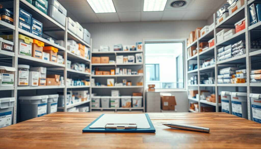 A well-organized stock room with neatly arranged shelves, containing an assortment of medical and dental supplies. Bright, clean lighting illuminates the scene, creating a sense of order and efficiency. In the foreground, a clipboard and pen lay on a wooden table, suggesting active inventory management. The middle ground showcases various labeled containers and boxes, while the background features a window offering a view of a modern, professional clinic setting. The overall atmosphere conveys a meticulously maintained and organized environment, essential for supporting high-quality patient care.