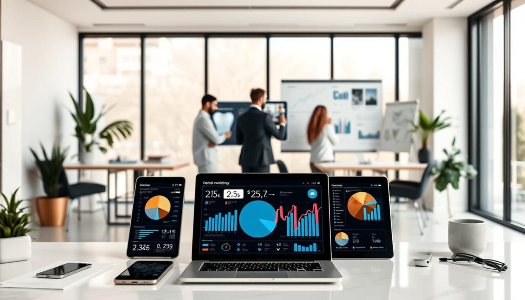 An elegant digital marketing strategy for a dental office in 2025, featuring a clean and modern layout. In the foreground, a display of various digital marketing tools and platforms, including a laptop, smartphone, and tablet, all showcasing relevant data and analytics. In the middle ground, a team of professionals collaborating on a digital marketing campaign, using digital whiteboards and communication devices. The background depicts a sleek, minimalist office environment with large windows, allowing natural light to filter in and create a warm, professional atmosphere. The overall mood is one of innovation, efficiency, and a forward-thinking approach to dental practice marketing.