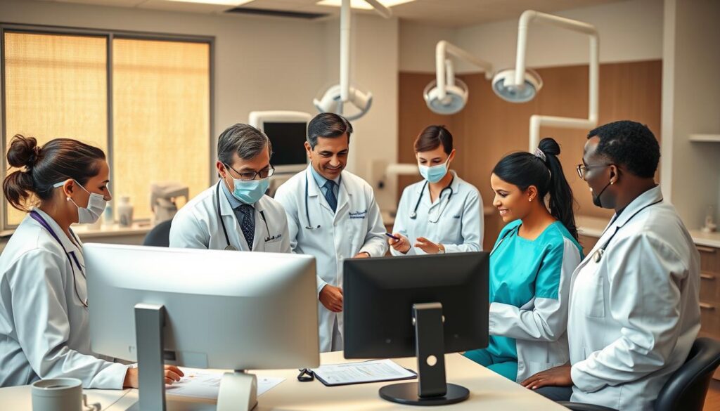 An office setting with a team of dentists and dental assistants collaborating on patient care. In the foreground, a group of professionals engaged in discussion around a computer monitor, reviewing dental records and treatment plans. In the middle ground, a dental hygienist demonstrating proper techniques to a junior staff member. The background features modern, well-equipped dental operatories with state-of-the-art equipment. Warm, natural lighting filters in, creating a calm and professional atmosphere. The scene conveys a sense of teamwork, continuous learning, and a commitment to providing excellent patient outcomes.