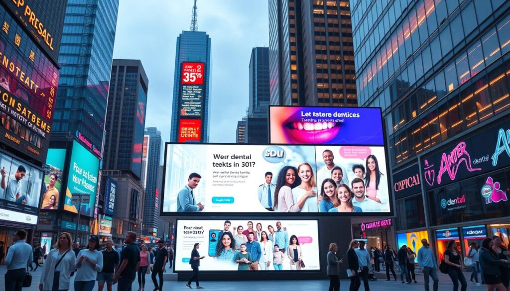 An ultramodern digital billboard situated in a bustling city square, showcasing vibrant, eye-catching advertisements promoting dental services. The foreground features sleek, minimalist designs with clean typography and impactful imagery, highlighting the latest dental treatments, technologies, and cosmetic procedures. The middle ground depicts a diverse array of potential patients, from young professionals to families, all captivated by the dynamic digital content. In the background, towering skyscrapers and neon-lit cityscapes create a futuristic, technologically-advanced atmosphere, reflecting the cutting-edge nature of modern dental marketing. Warm, saturated lighting casts a vibrant glow, evoking a sense of excitement and innovation in the field of digital dentistry advertising.
