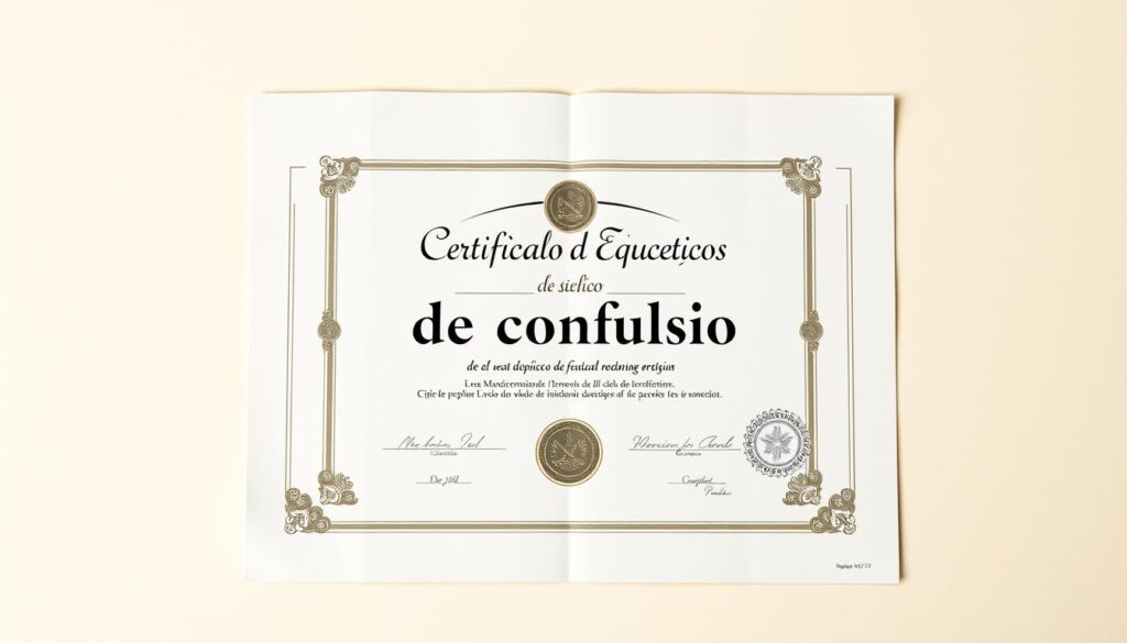 Certificado de conclusão, a formal document signifying the successful completion of a course or program. Centered on the page, the certificate is rendered in a dignified, formal style, with a meticulously crafted border and seals denoting its official nature. The background is a soft, neutral tone, allowing the certificate to be the focal point. Subtle lighting casts a warm glow, highlighting the intricate details and reinforcing the sense of achievement and recognition. The overall composition conveys a sense of accomplishment, professionalism, and the value of the educational journey.