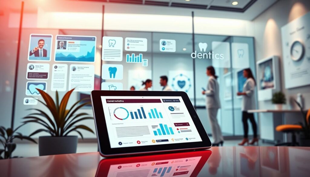 Dental marketing strategies: a vibrant and dynamic digital landscape with a clean, modern clinic facade showcasing a range of marketing materials such as social media posts, targeted ads, and branding elements. The scene is bathed in warm, directional lighting, creating a sense of professionalism and attention to detail. In the foreground, a tablet display highlights key metrics and insights, while in the middle ground, a team of dental professionals collaborate on campaign planning. The background features a sleek, minimalist office setting, with clean lines and subtle branding cues. The overall atmosphere conveys a sense of strategic innovation and a patient-centric approach to dental marketing.