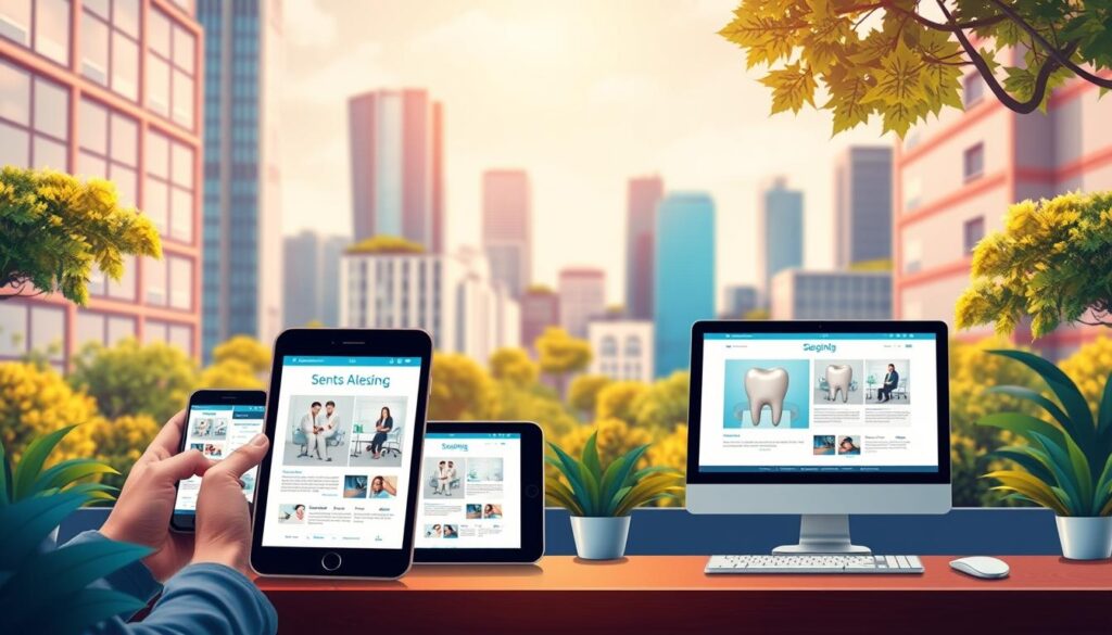 Detailed digital illustration of a focused and personalized online advertising campaign for a dental clinic. In the foreground, a carefully curated set of targeted ads displayed on various digital devices - smartphones, tablets, and computers. The middle ground showcases the dental clinic's logo, branding, and key services. In the background, a vibrant cityscape with modern architecture and lush greenery, symbolizing the clinic's urban, high-tech, and customer-centric approach. The lighting is warm and inviting, creating a professional yet approachable atmosphere. The overall composition conveys the clinic's dedication to delivering tailored digital marketing solutions to reach their ideal patient base.