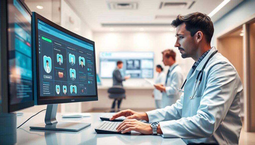 Detailed digital illustration of a modern electronic medical records management system for a dental clinic. The foreground features a doctor's desk with a sleek computer monitor displaying patient files and medical history. The middle ground showcases a team of healthcare professionals collaborating on a digital dashboard, reviewing test results and treatment plans. The background depicts a well-lit, professional clinic interior with clean lines and minimalist decor. Emphasis on intuitive user interface, secure data storage, and seamless workflow. Warm, neutral color palette with subtle blue accents. High-resolution, cinematic lighting and depth of field for a polished, technical aesthetic.