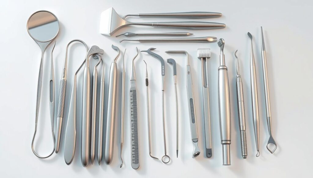 Detailed digital illustration of an assortment of essential dental clinic tools and equipment, including dental mirrors, explorer probes, scaler and curette sets, tooth polishing brushes, and other instruments neatly arranged on a clean, well-lit surface. The tools are high-quality, stainless steel, and clinical in appearance, conveying a sense of professionalism and attention to detail. The lighting is bright and soft, creating clear shadows and highlighting the metallic sheen of the instruments. The background is a neutral color, allowing the tools to be the focal point and emphasizing their purpose for use in a modern, state-of-the-art dental practice.