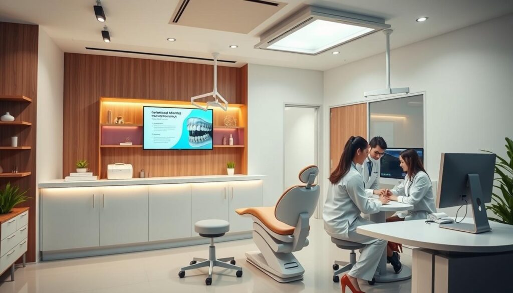 Detailed digital marketing strategies for dental clinics. A modern, clean-lined office interior with minimalist decor, sleek dental equipment, and a serene, professional atmosphere. Warm lighting illuminates a reception desk and waiting area, while digital screens display informative content about the clinic's services. In the background, a team of dental professionals collaborates on a computer, strategizing online campaigns and patient engagement tactics. The overall scene conveys a blend of advanced technology, meticulous care, and a commitment to effective digital marketing for the dental industry.